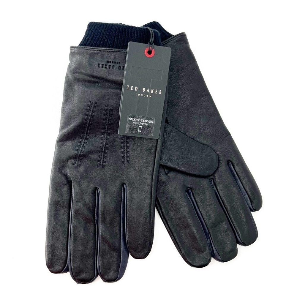Ted Baker Leather Gloves Men’s M/L Ribbed Cuffs Black Blue Tech Lined New NWT